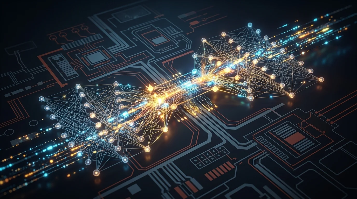 Abstract visualization of a neural rendering pass on hardware components.