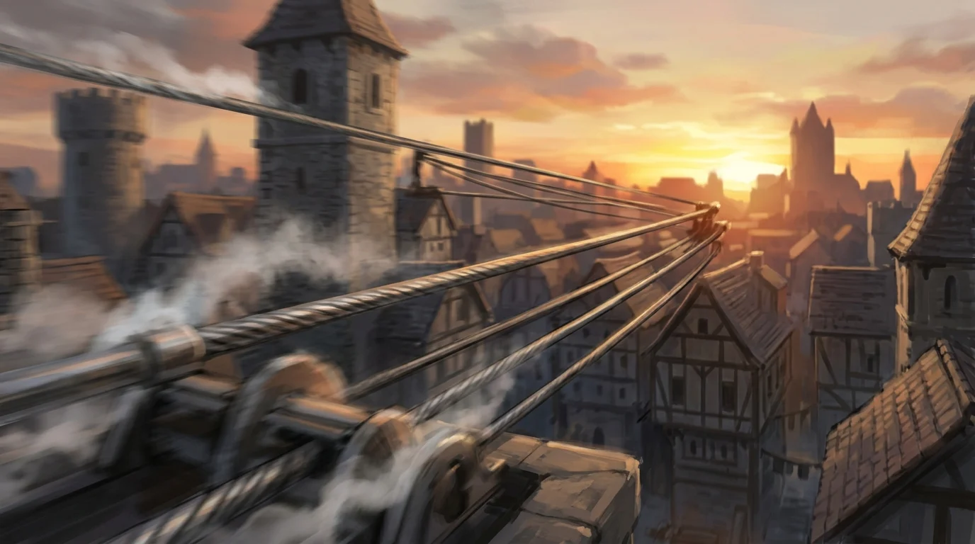 Conceptual representation of high-speed movement and steam above city rooftops.