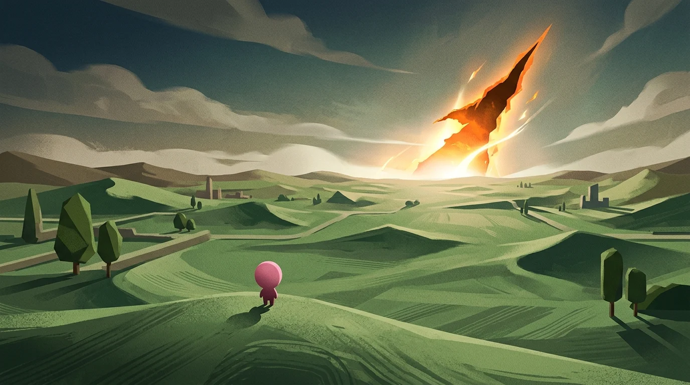 A conceptual depiction of an expansive open world with a visual rift in the sky.
