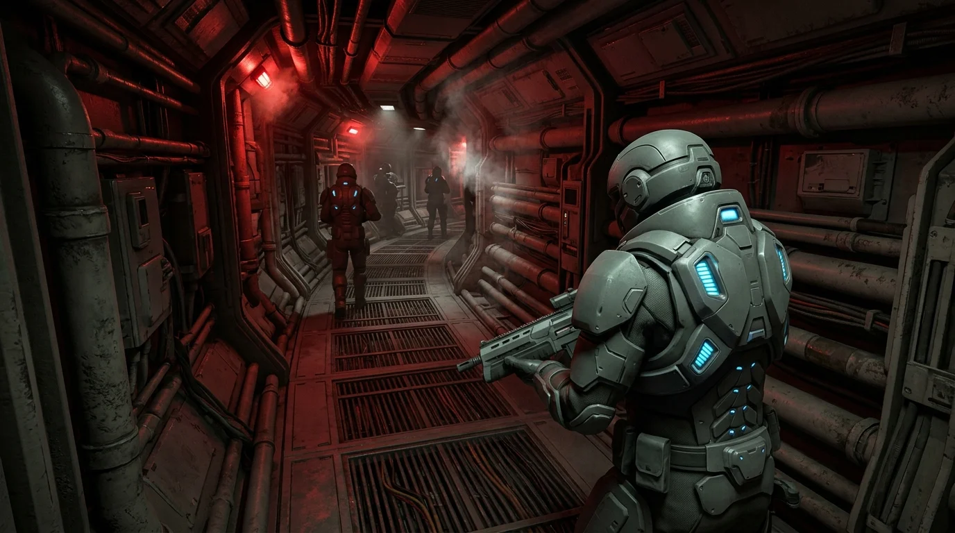 A third-person view of a mercenary in a futuristic space station hallway.