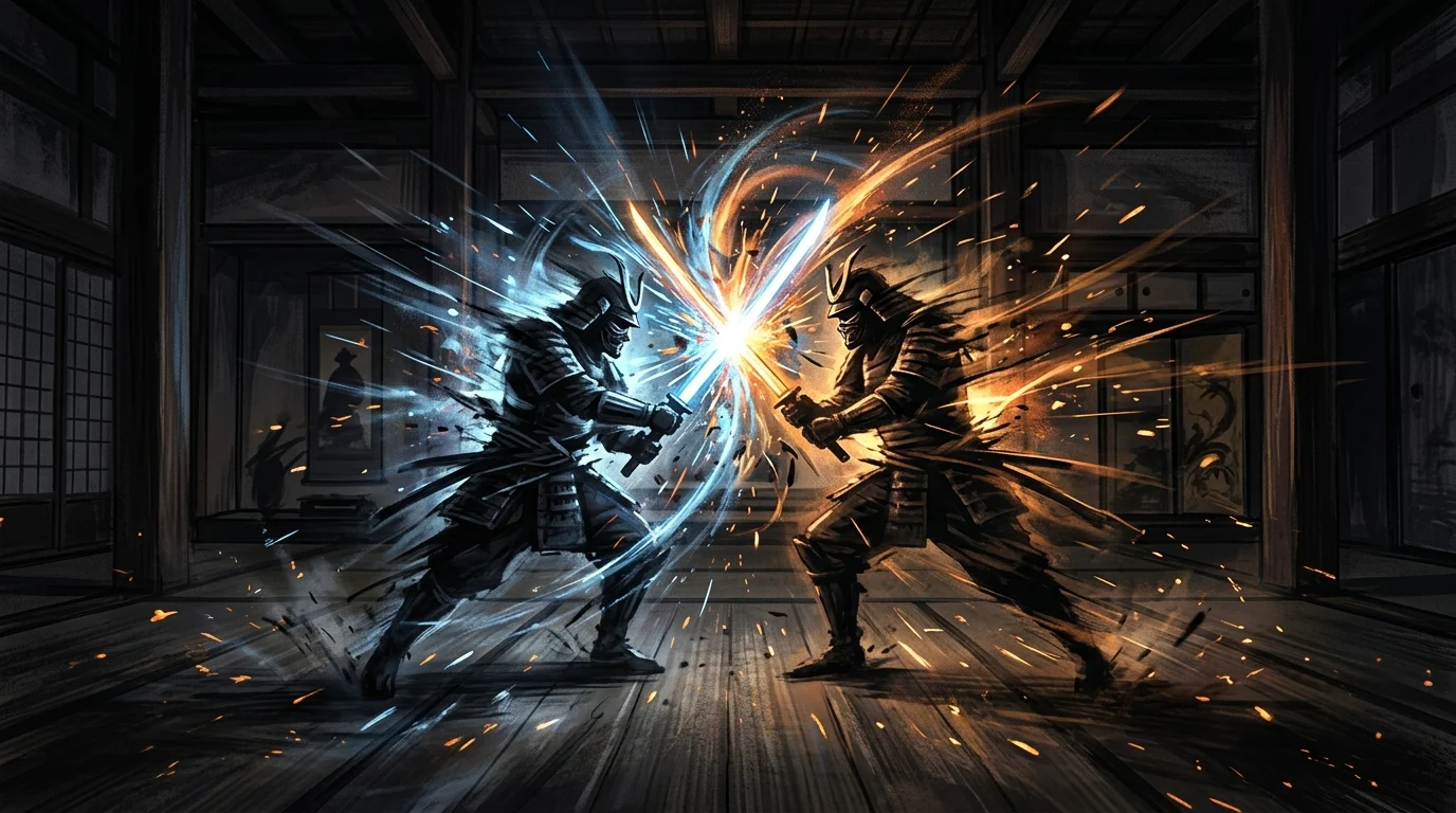 Conceptual art of glowing energy blades in a palace.