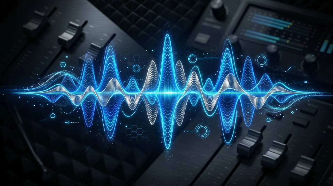 Conceptual glowing audio waveform representing digital sound production.