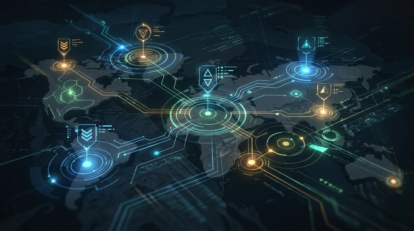 Conceptual tactical interface with glowing map markers and navigation paths.