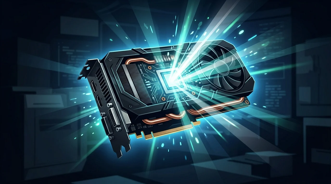 Conceptual illustration of a high-end GPU with light rays