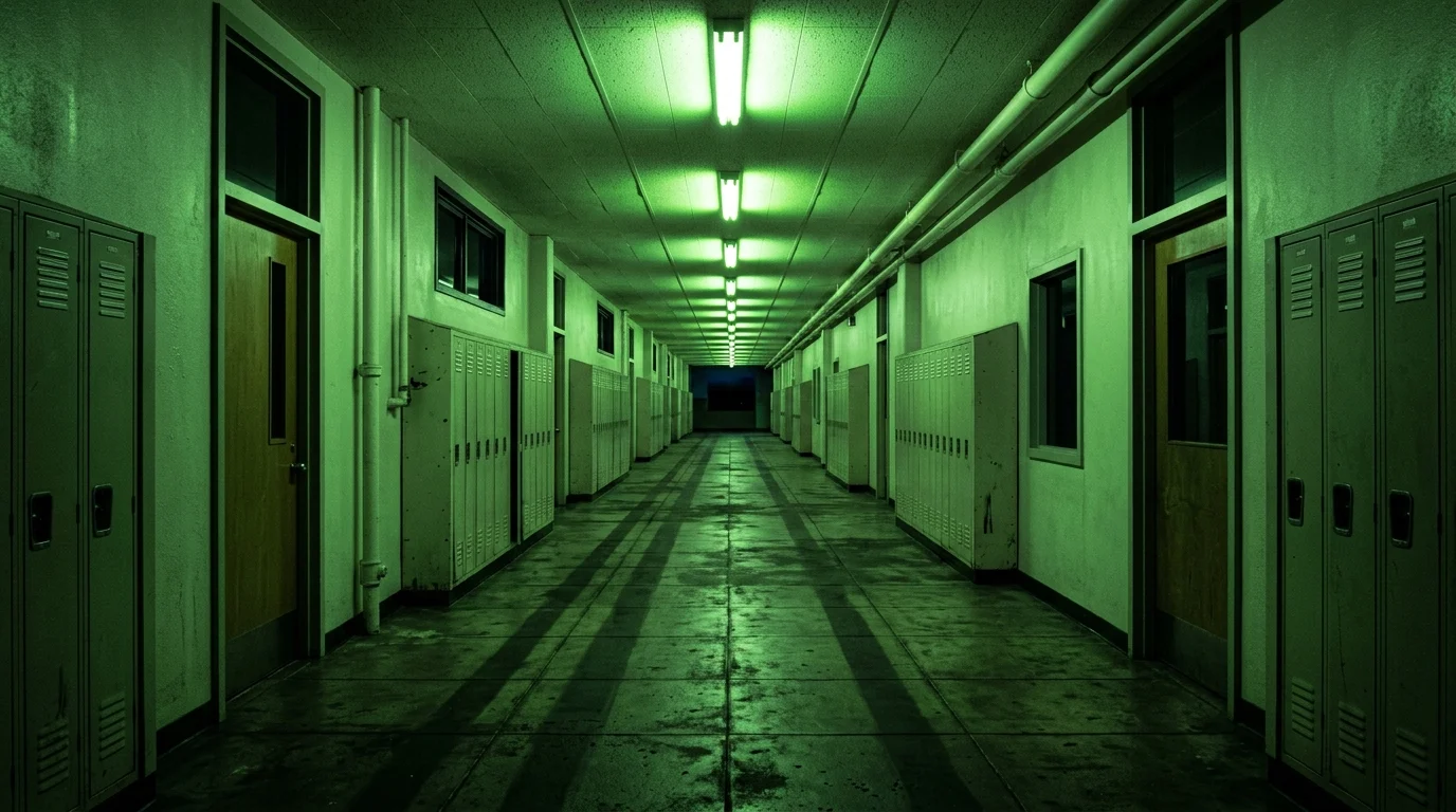 Abstract surrealist view of a distorted green-lit hallway with long shadows.