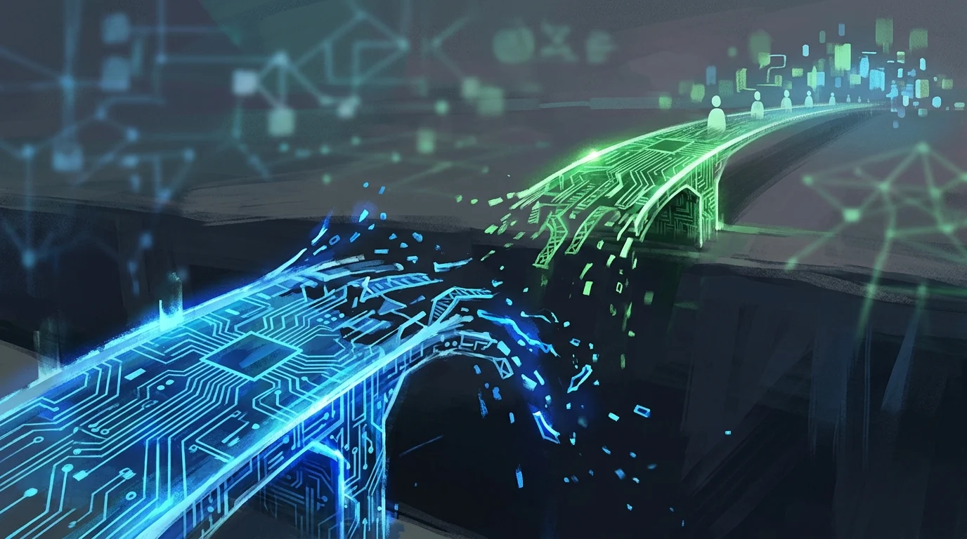 Abstract digital bridges representing a shift in corporate partnerships.