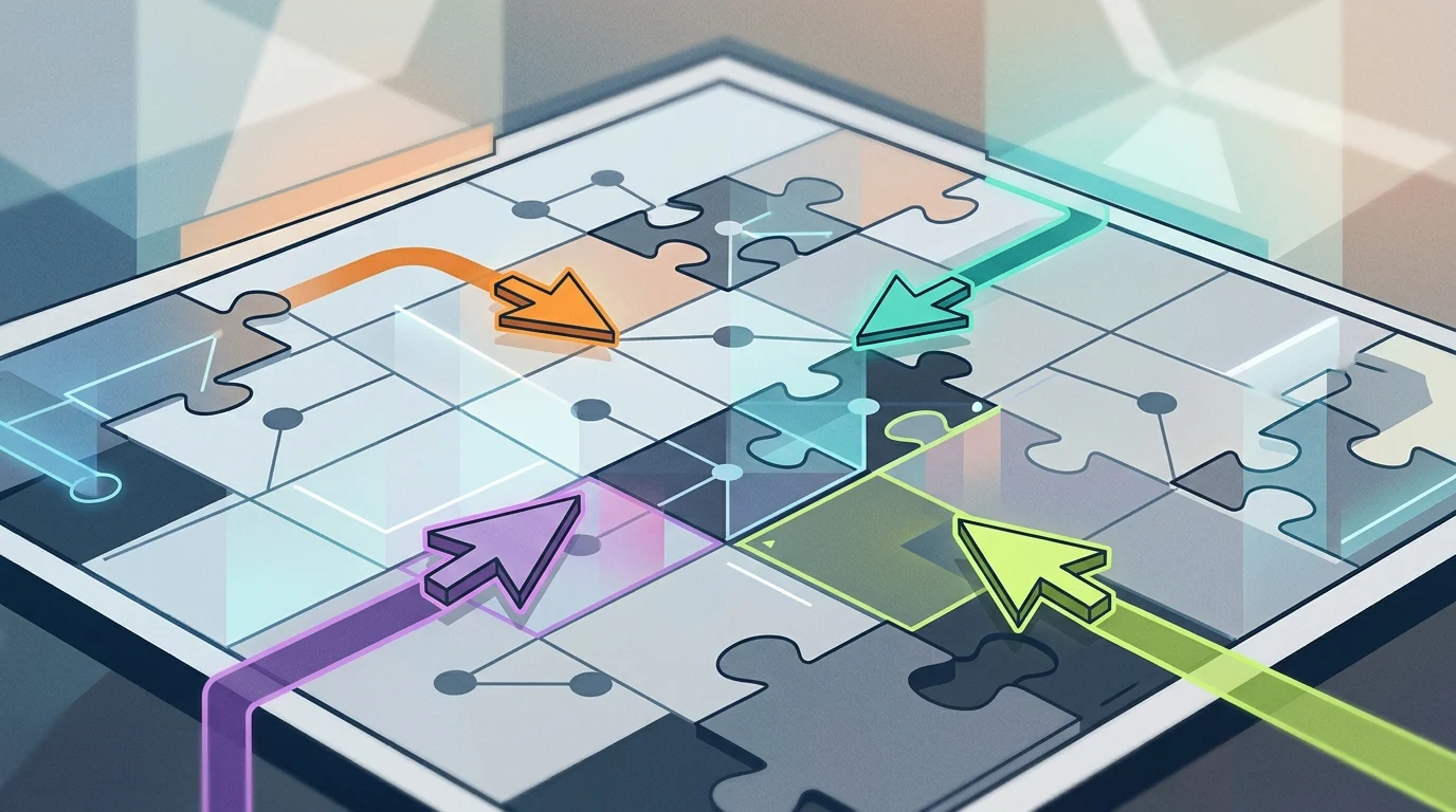 Conceptual illustration of four-player puzzle solving on a digital board.
