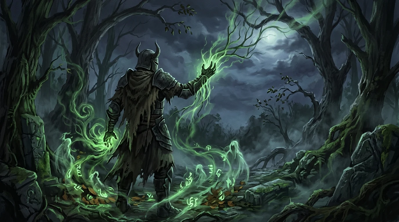 Dark warrior harnessing green energy in a corrupted forest.