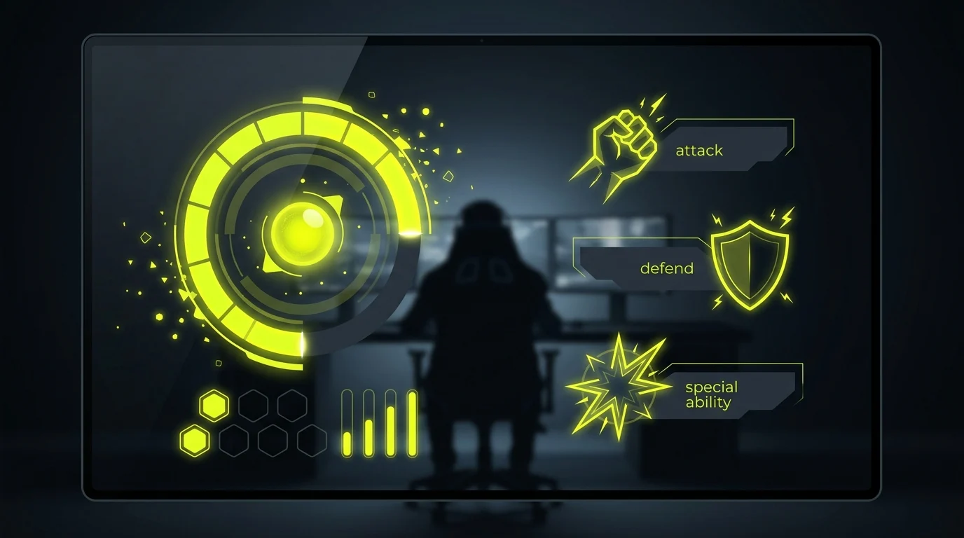 A conceptual video game UI design showing stylized combat mechanics.