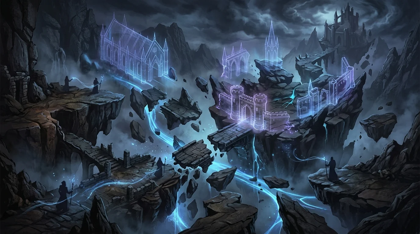 Conceptual isometric view of a shifting procedural game world.