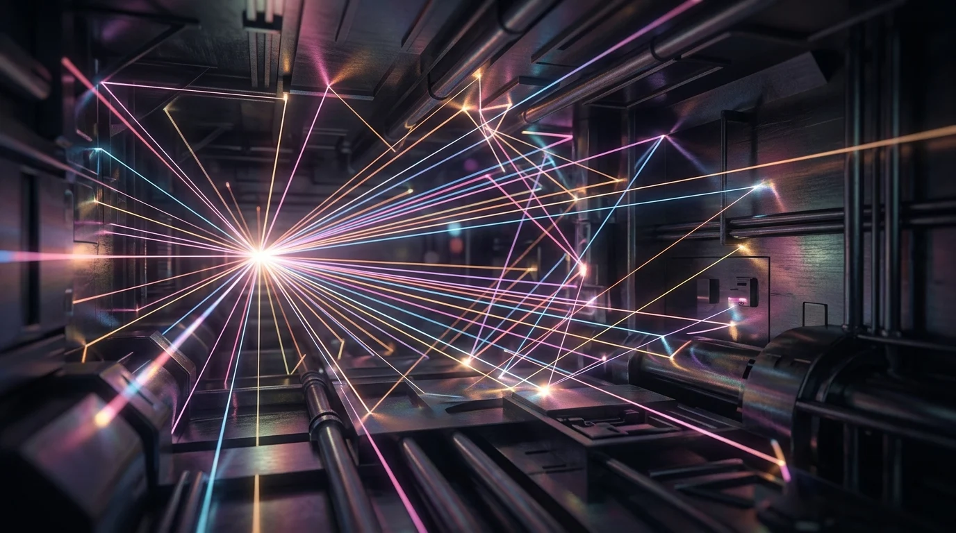 Abstract visualization of light rays reflecting off metallic surfaces.