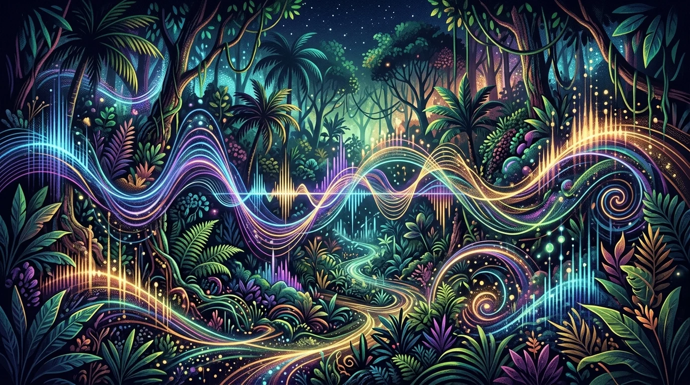 Conceptual art of musical sound waves traveling through a stylized jungle