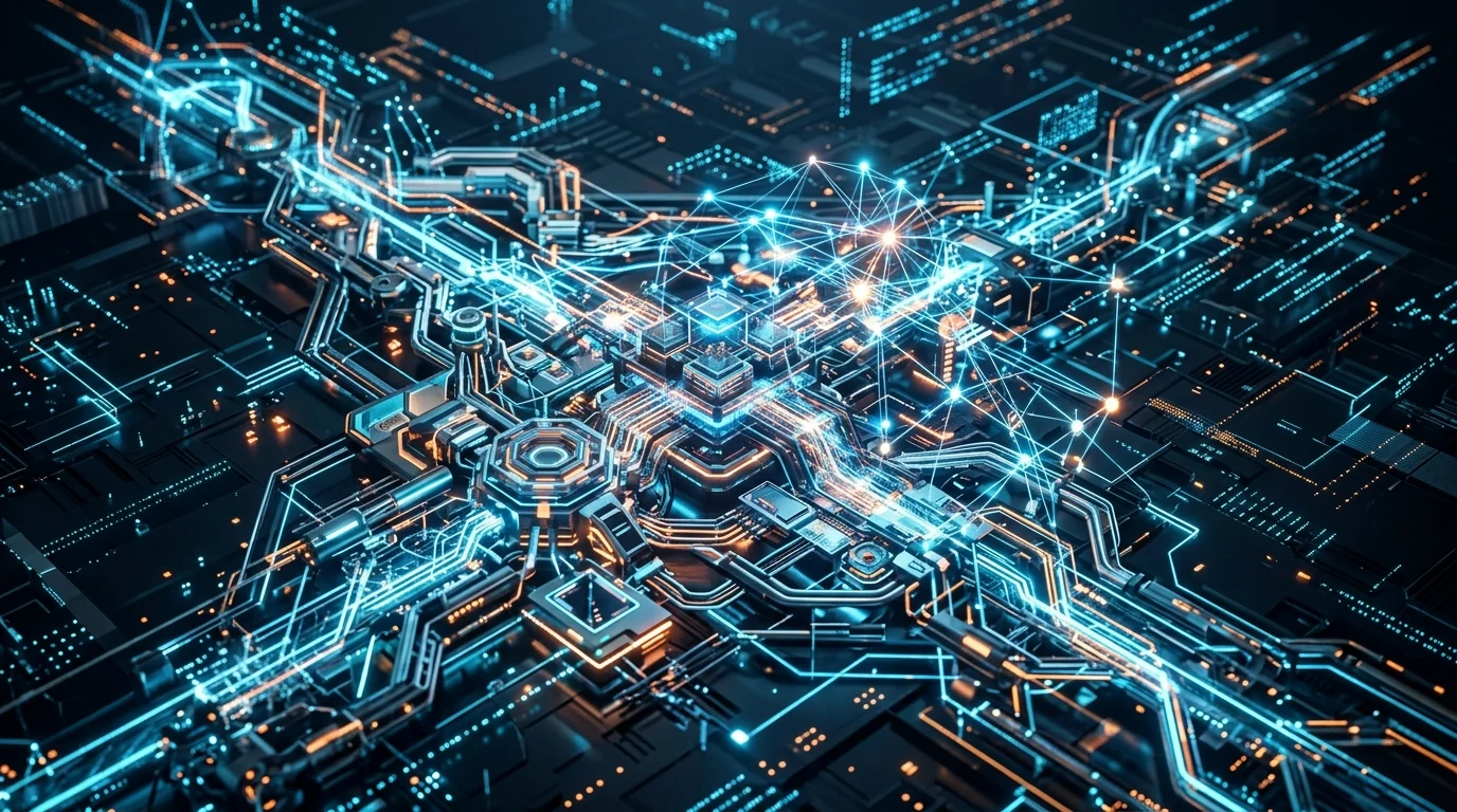 Abstract visualization of robotics and AI circuitry.