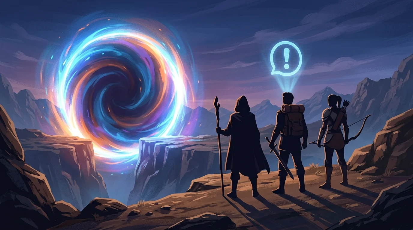 Conceptual art of game characters encountering a progress prompt before a new area.