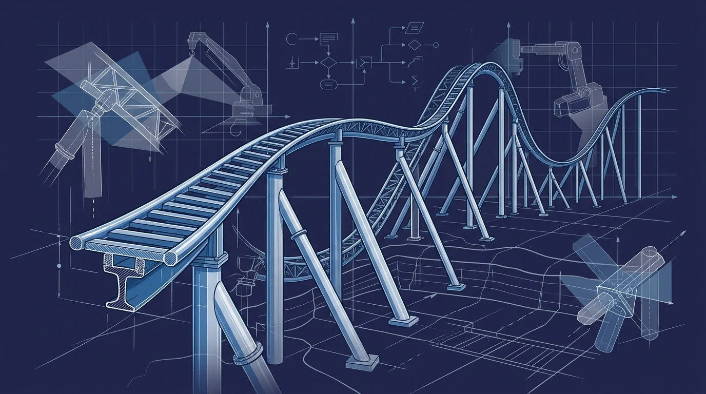 A digital schematic of a rollercoaster track under construction.