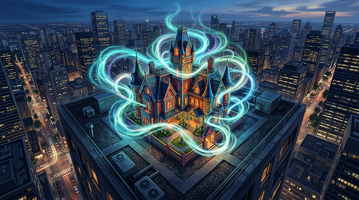 Artistic depiction of a rooftop mansion surrounded by ethereal energy.
