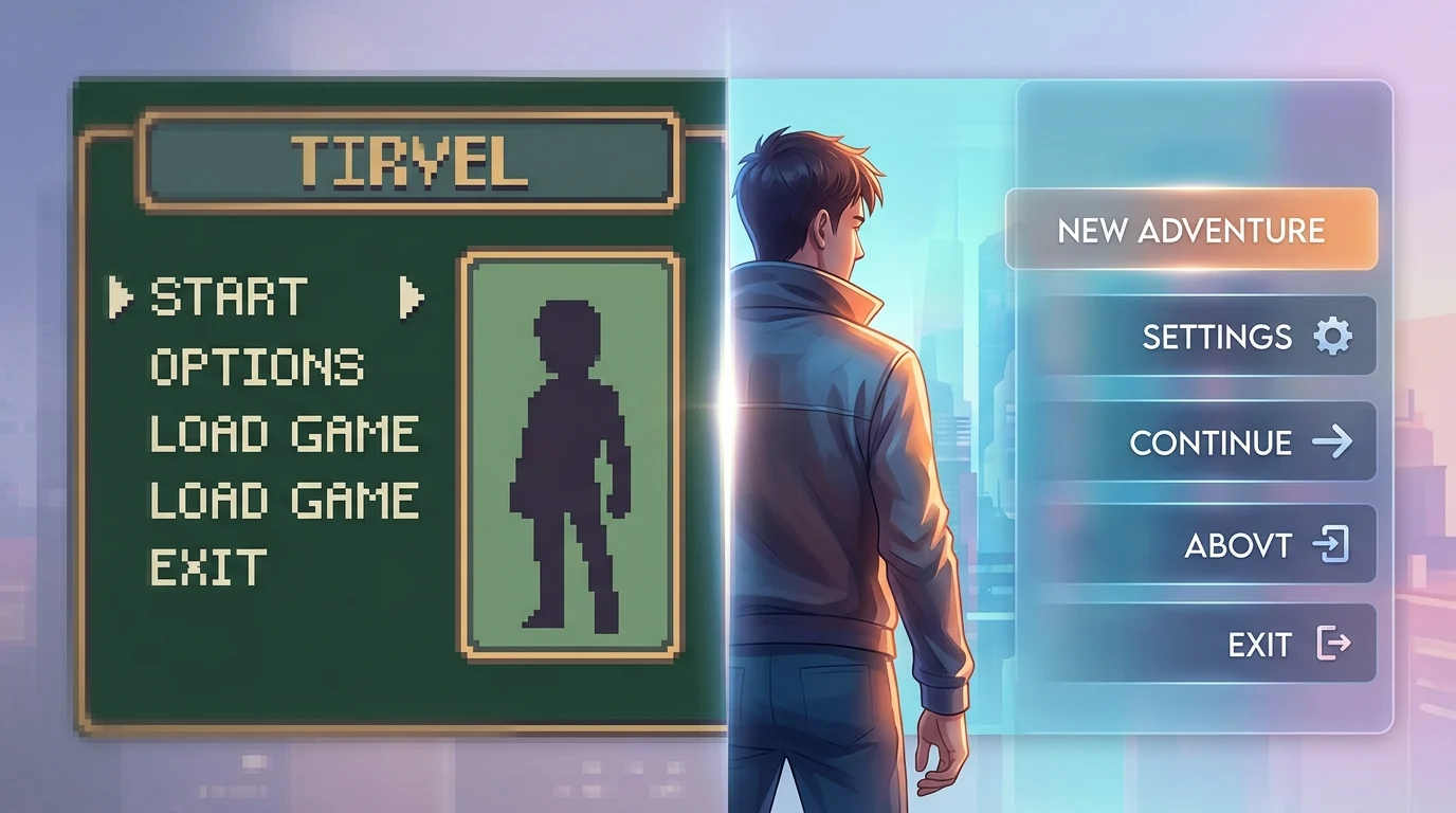 A split-screen comparison between low-resolution and high-definition game interfaces.