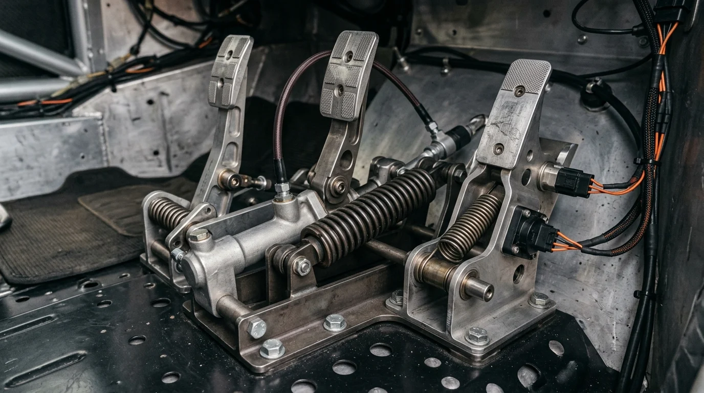 Detailed view of high-performance racing pedal sensors and springs.