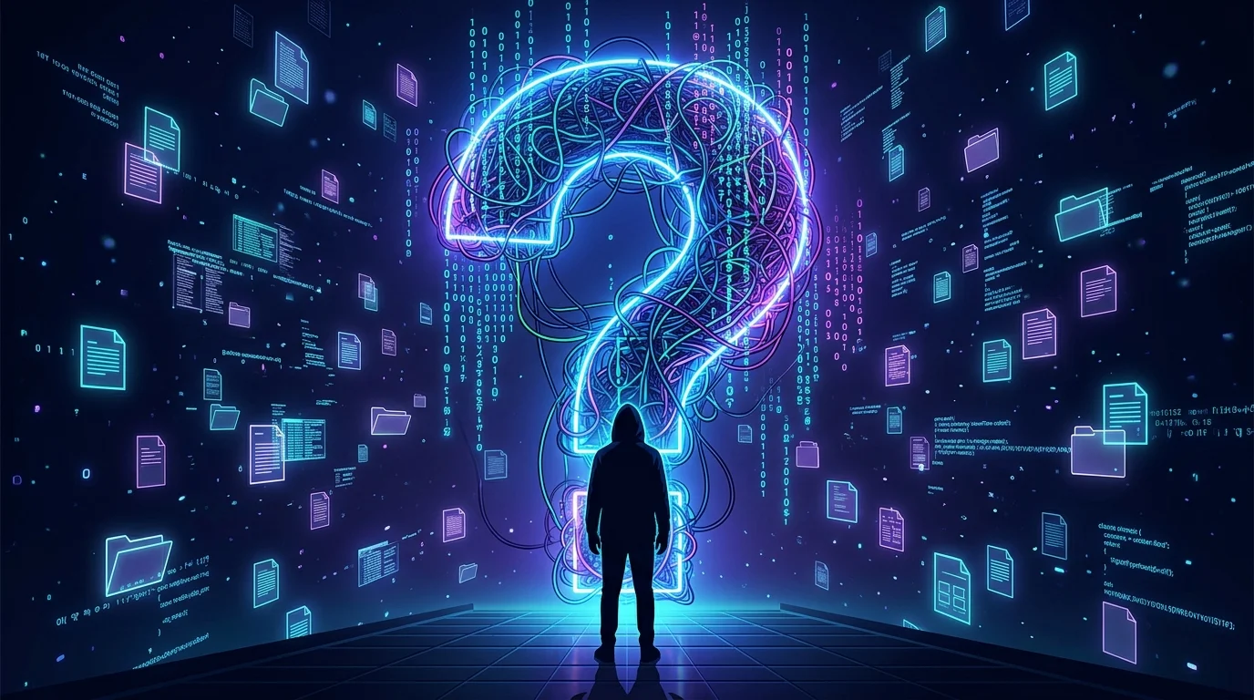 A silhouette of a figure in front of a glowing digital question mark.
