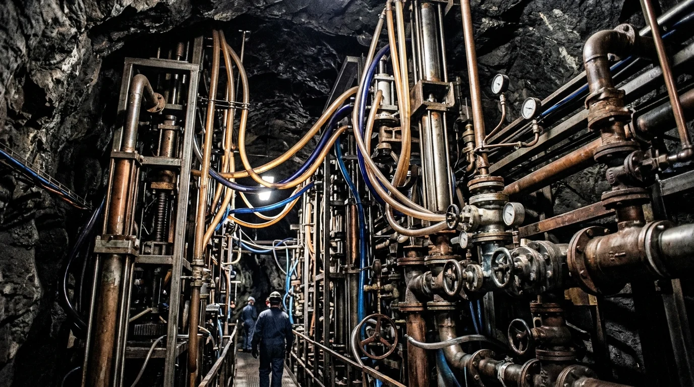 Detailed industrial vertical transport system in a subterranean tunnel.