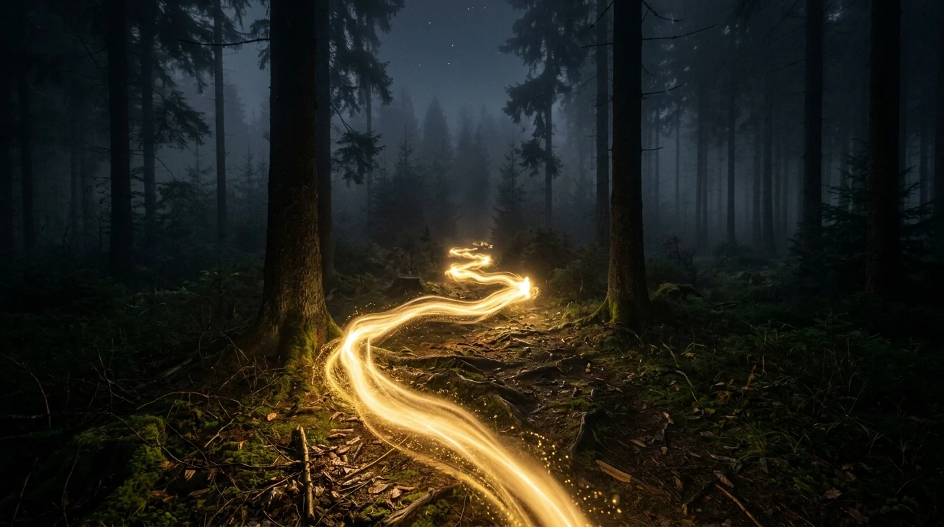 A glowing golden tracking trail through a dark forest.