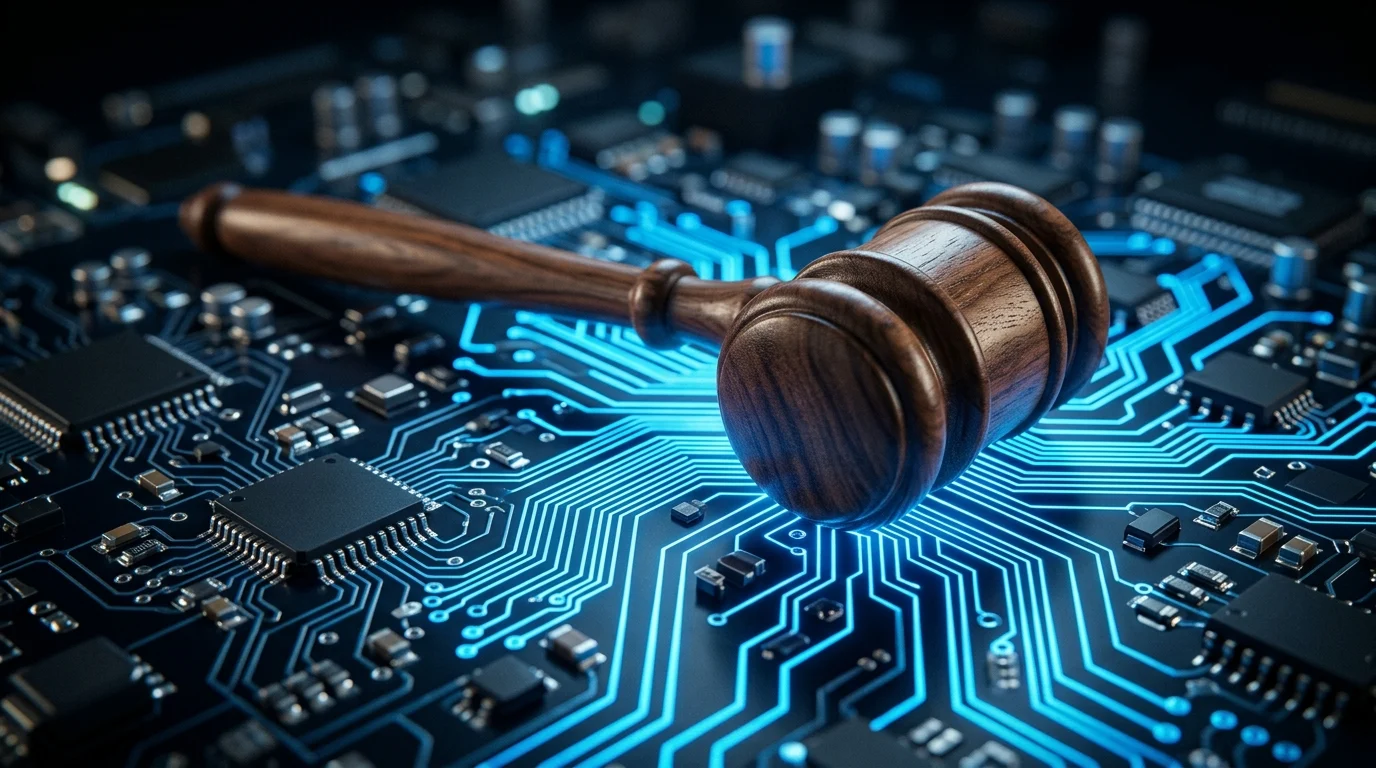 A gavel on a circuit board symbolizing semiconductor legal battles.