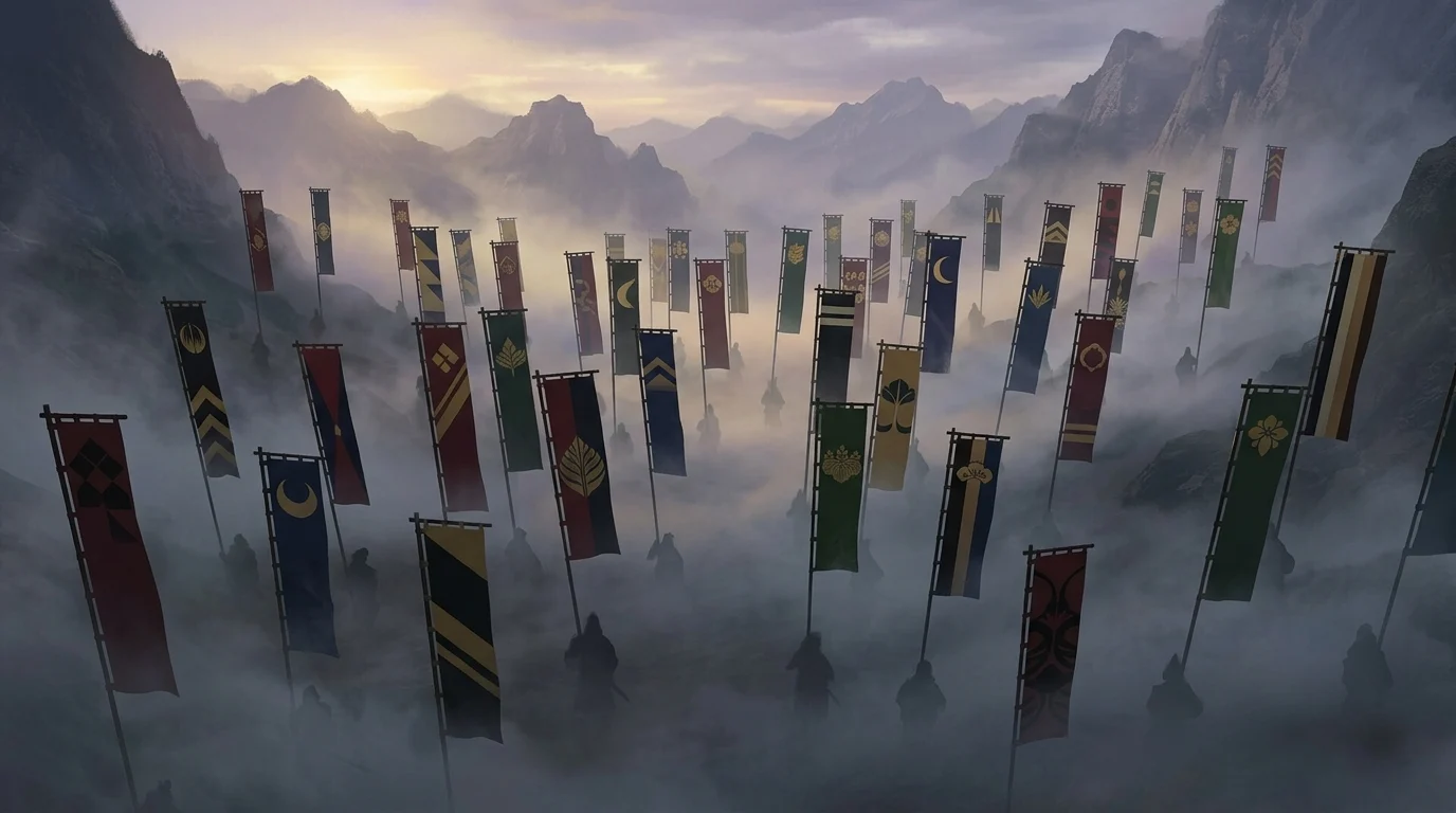 Dozens of unique samurai banners positioned across a misty valley landscape.