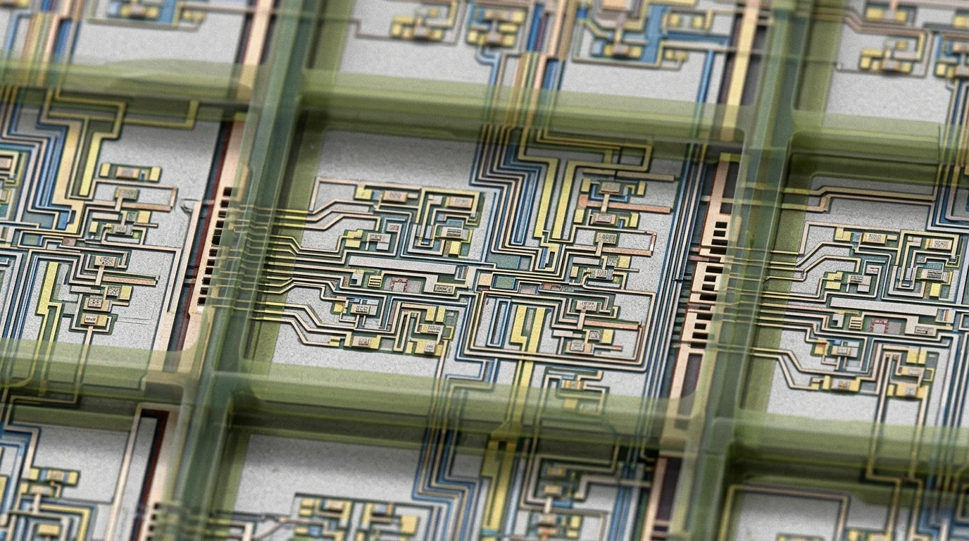 Detailed close-up of a computer chip transistor layout.