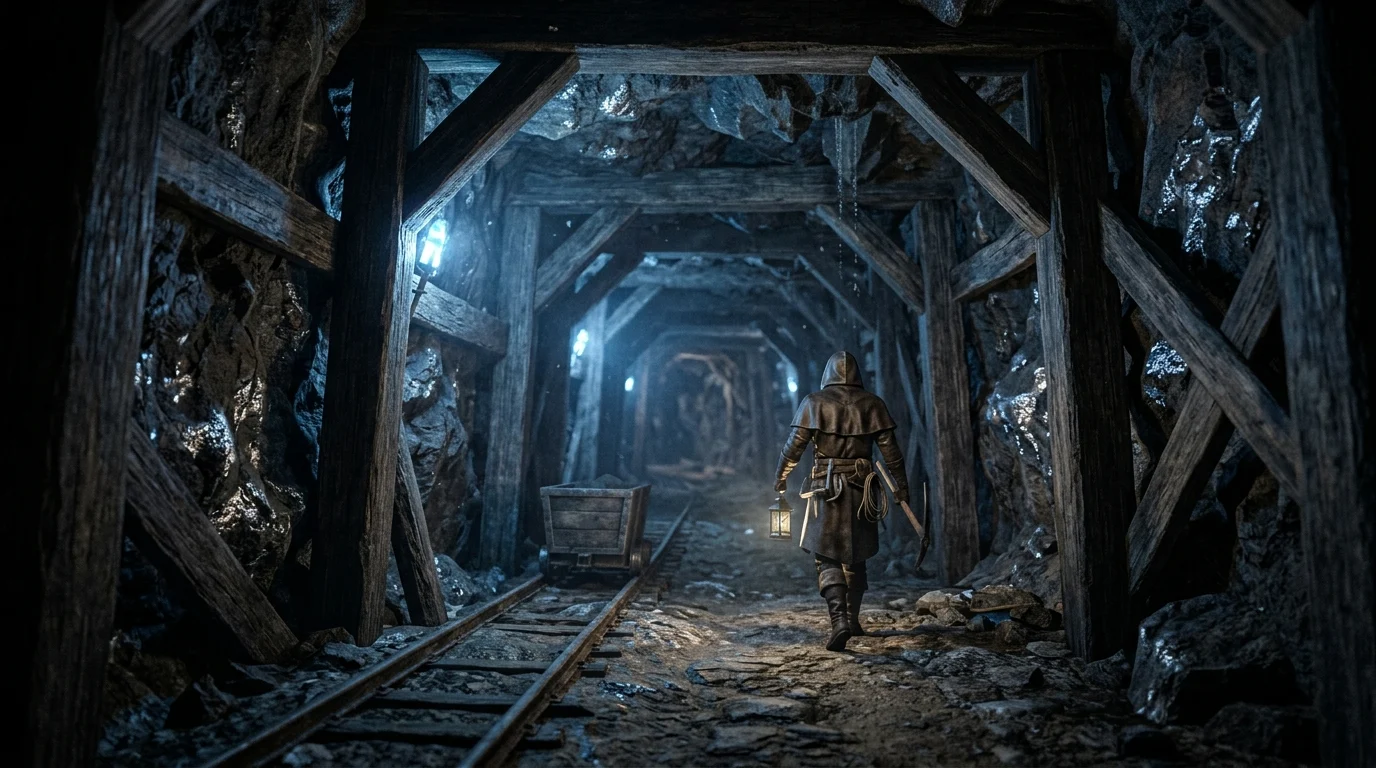 A detailed interior of a dark fantasy silver mine.