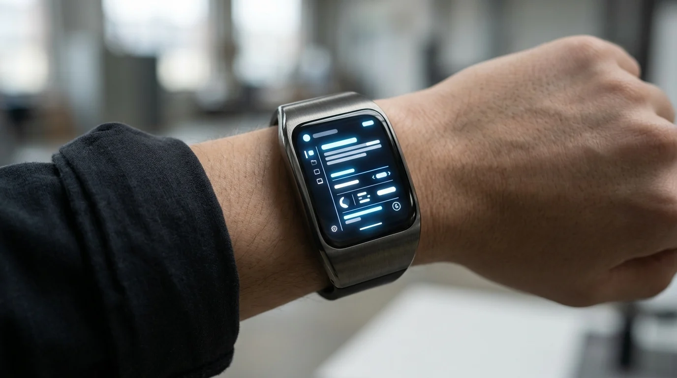 Abstract visualization of an AI summary interface on a digital wearable device.