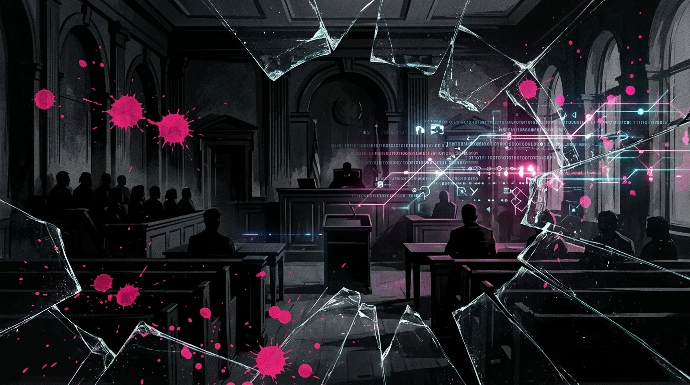 Conceptual abstract courtroom with digital data streams and pink spatters.