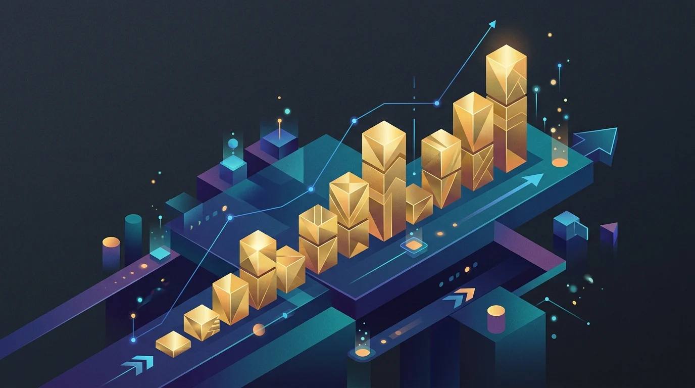 Abstract golden 3D bar charts representing retail sales data.