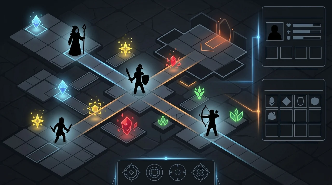 Illustration of roguelite gameplay mechanics and character selection silhouettes.