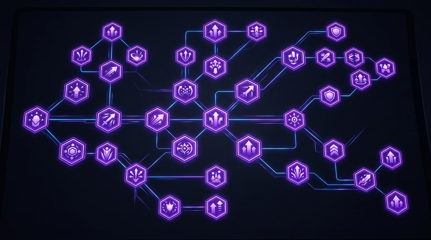 Abstract representation of a digital skill tree with purple glowing nodes.