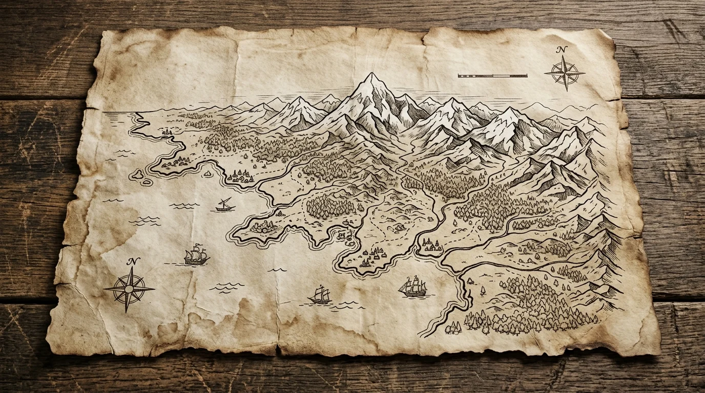 A weathered fantasy map on a wooden table