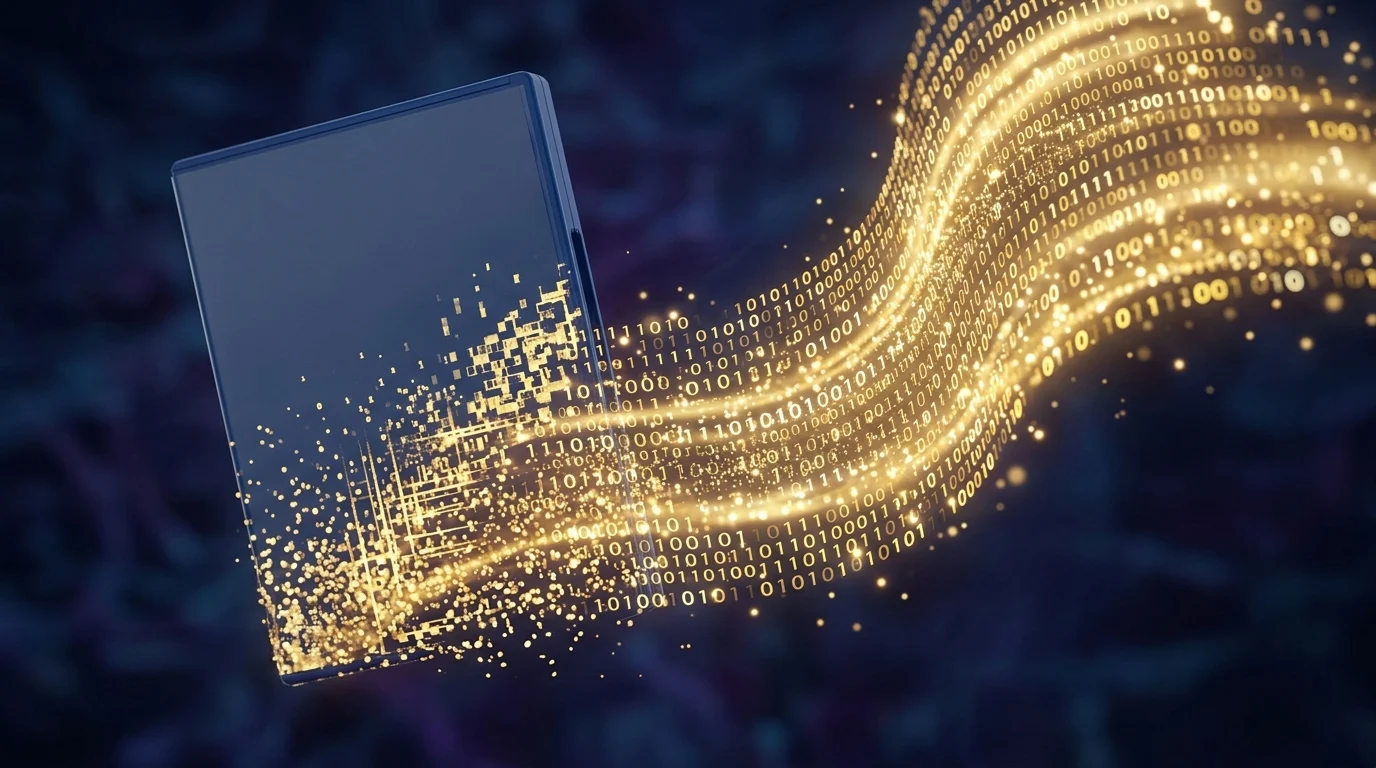 A physical game case morphing into digital data streams.