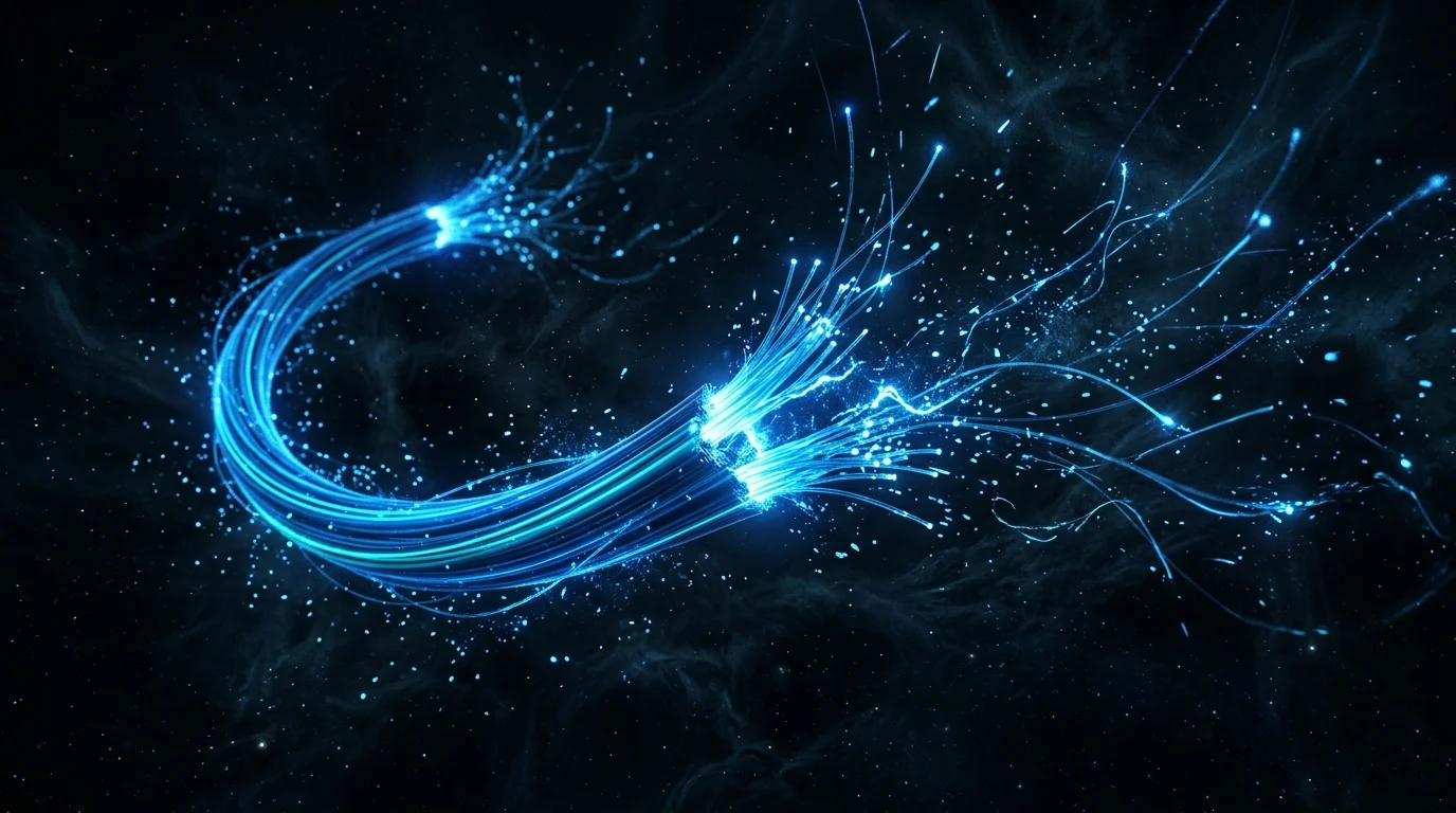 A severed blue glowing cable in a dark space.