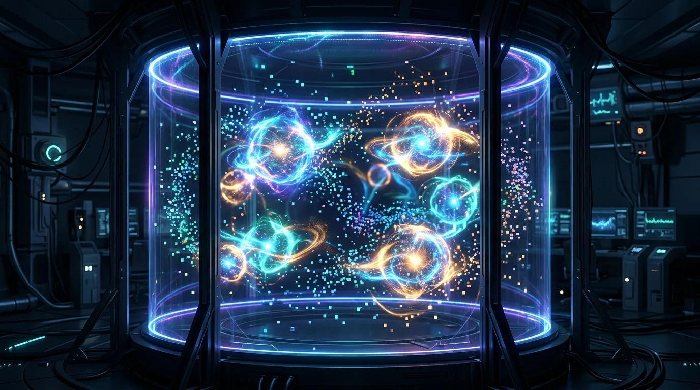 Abstract glowing digital particles and energy orbs in a high-tech setting.