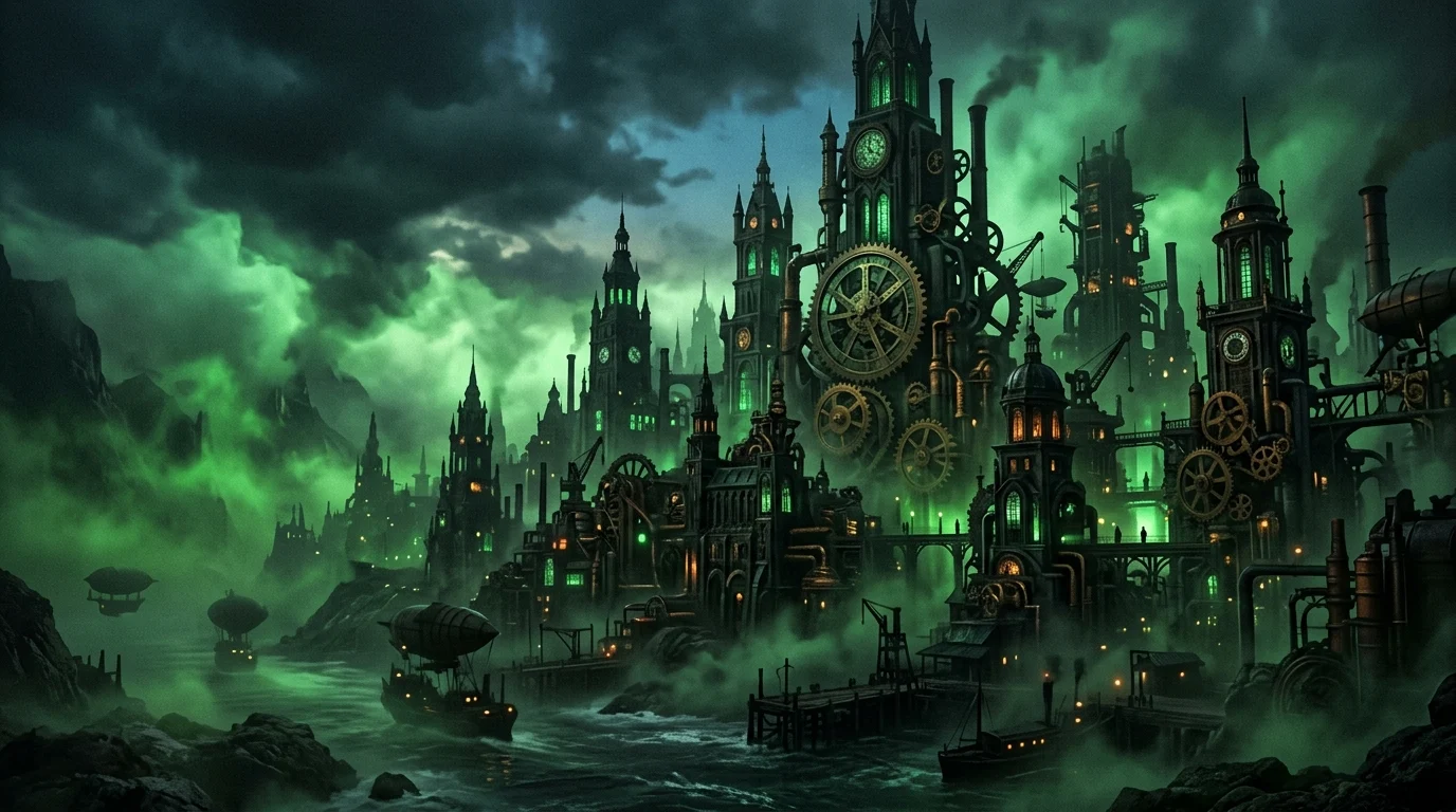 A steampunk emerald city skyline with mechanical towers.