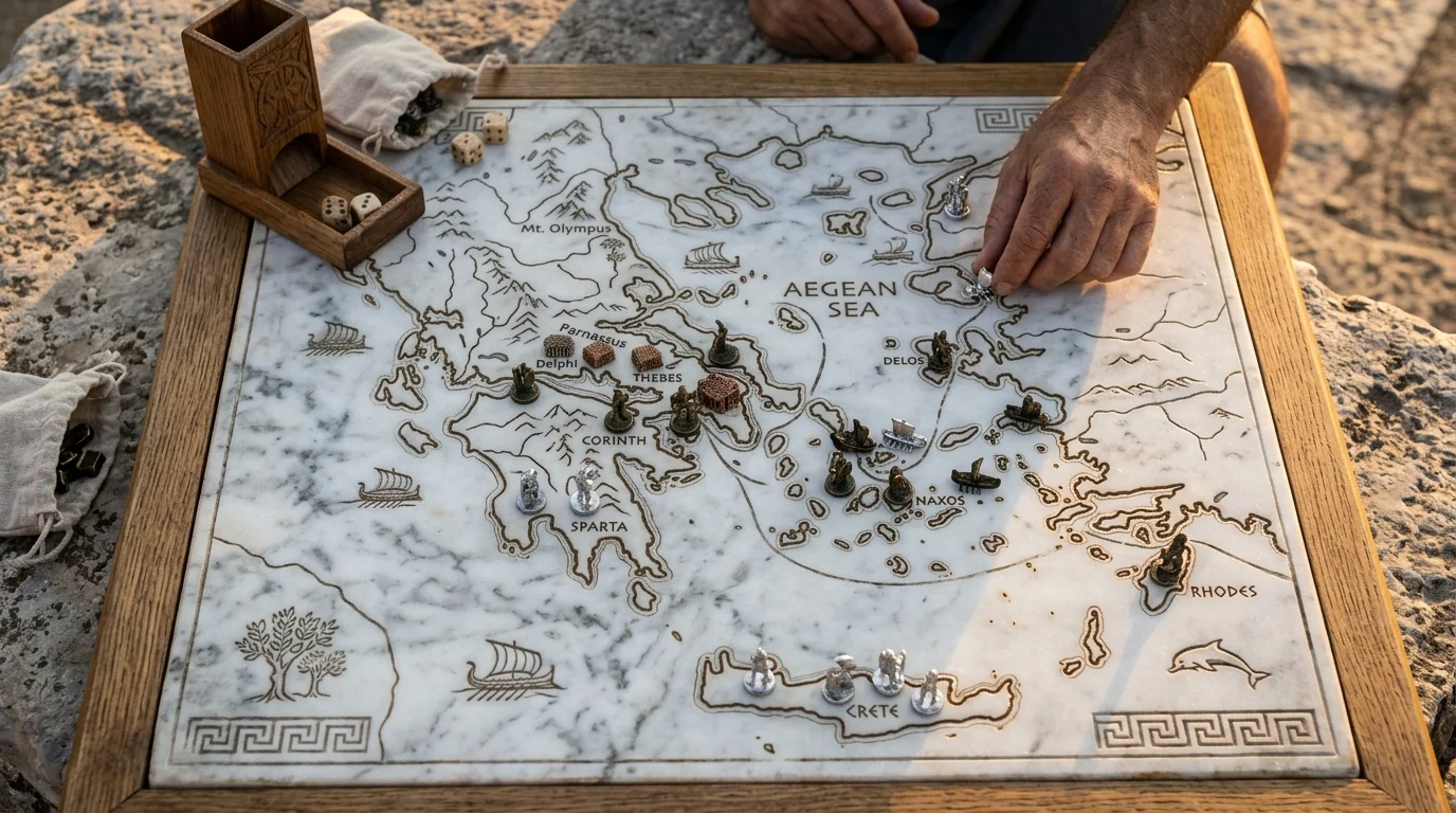 A strategic board game representation of ancient Greece with metallic pieces.