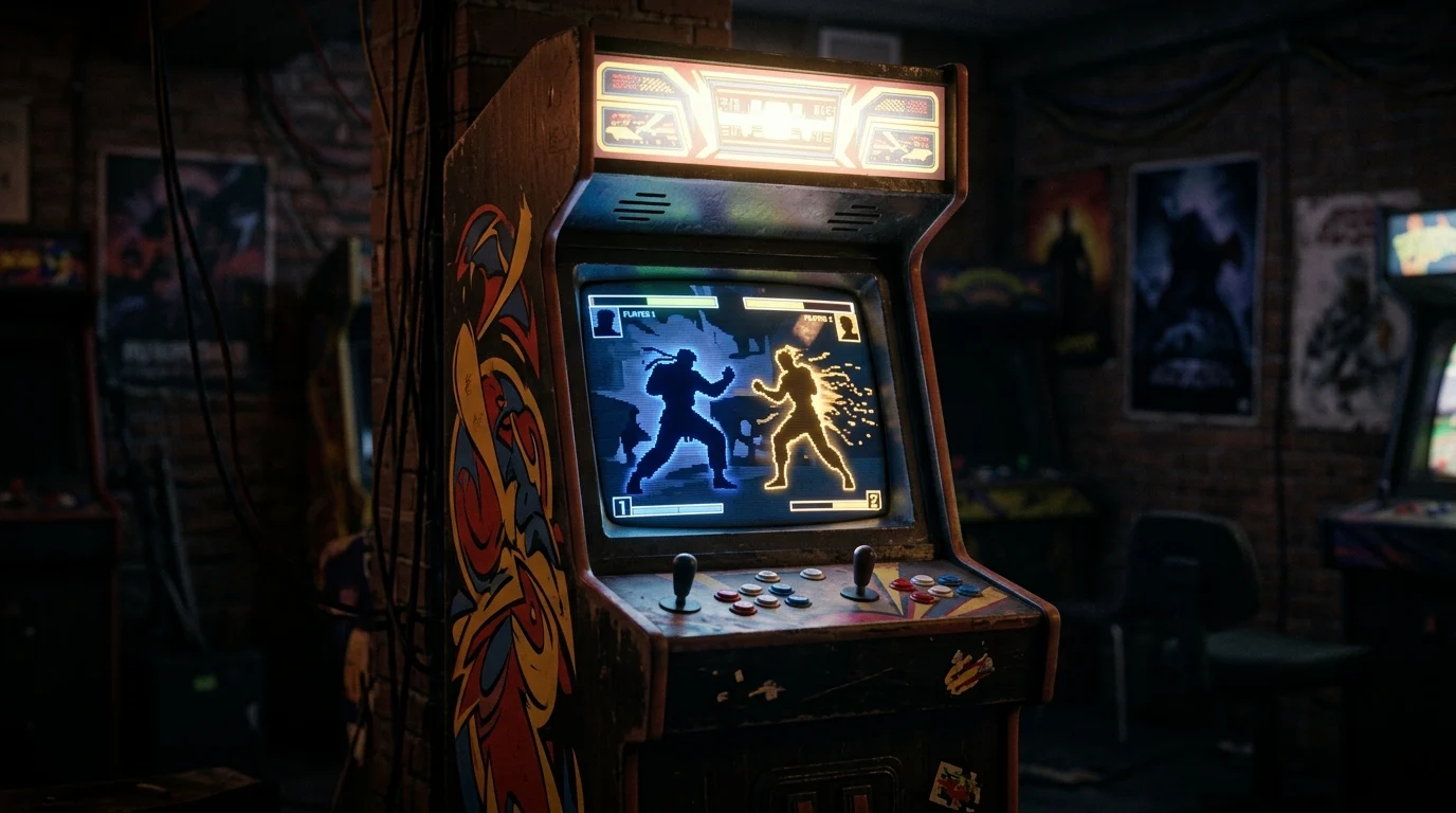A conceptual 1993 era arcade cabinet representing the World Warrior tournament setting.