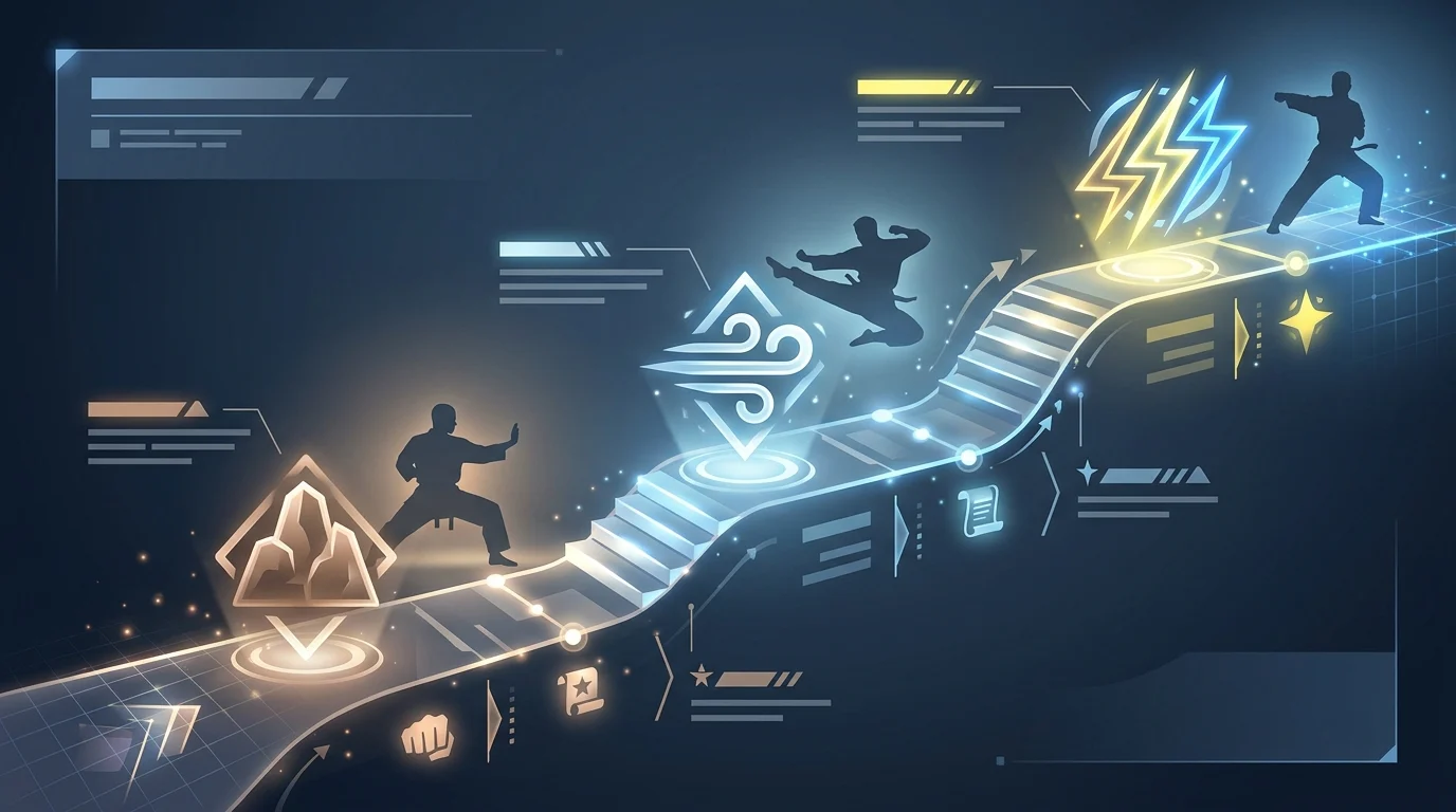 Abstract fighting game character roadmap with elemental icons.