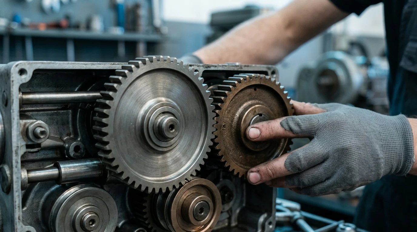 Two metallic gears interlocking in a conceptual 3D environment.