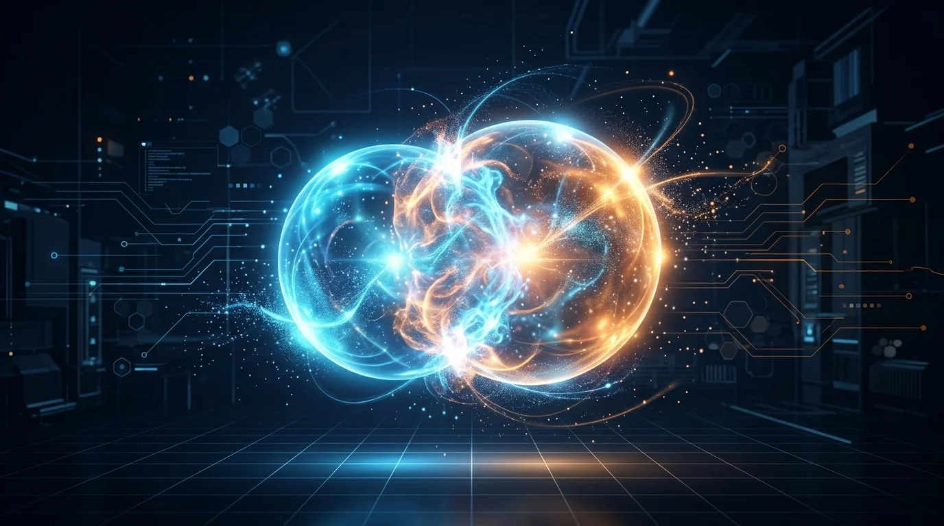 Abstract visualization of two glowing spheres merging.