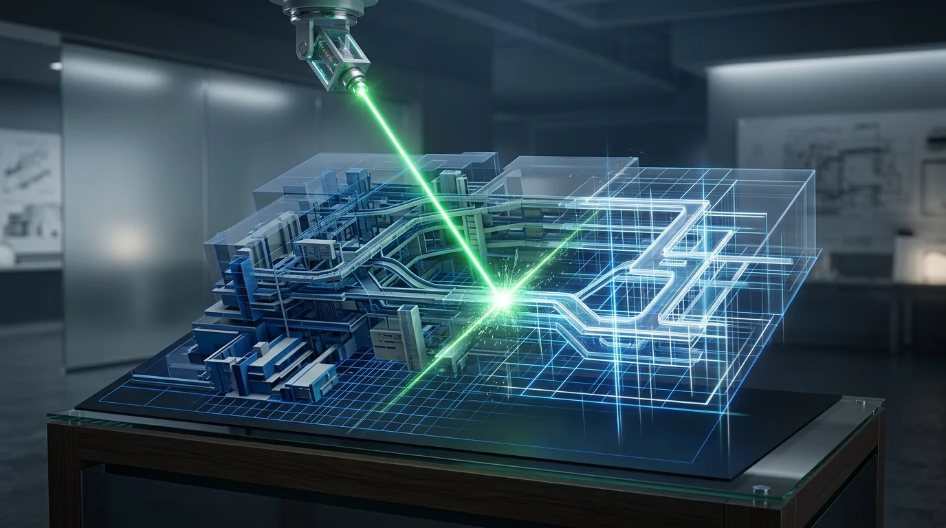 Abstract 3D render of blueprints being modified.