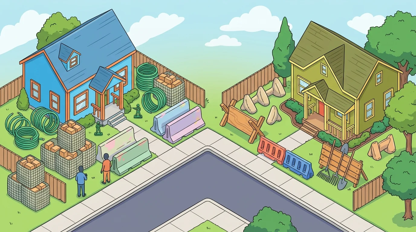 Isometric view of two suburban houses prepared for a competitive match.