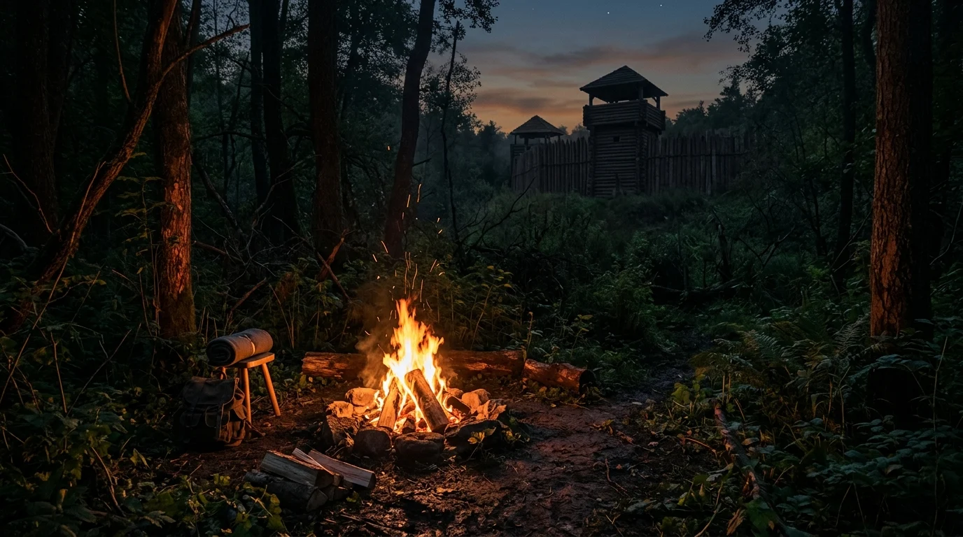 Conceptual survival horror atmosphere featuring a campfire in a forest.