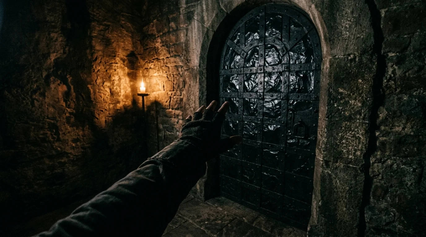 First-person view of a hand reaching for a dark, geometric door.