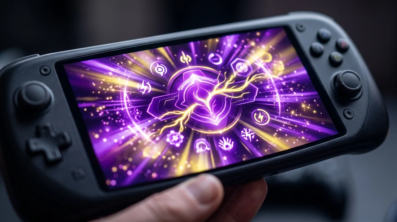 Conceptual close-up of a handheld console screen with vibrant interface colors.