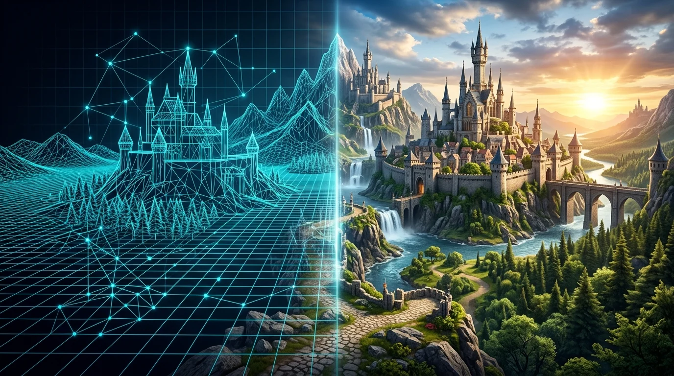A split-view conceptual image showing a digital wireframe becoming a rendered fantasy environment.
